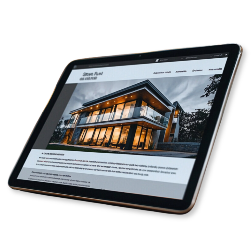 A tablet displaying a website with an image of a modern two-story house, showcasing its architecture. The sleek page template layout suggests it’s related to real estate or design, optimized for SEM effectiveness.