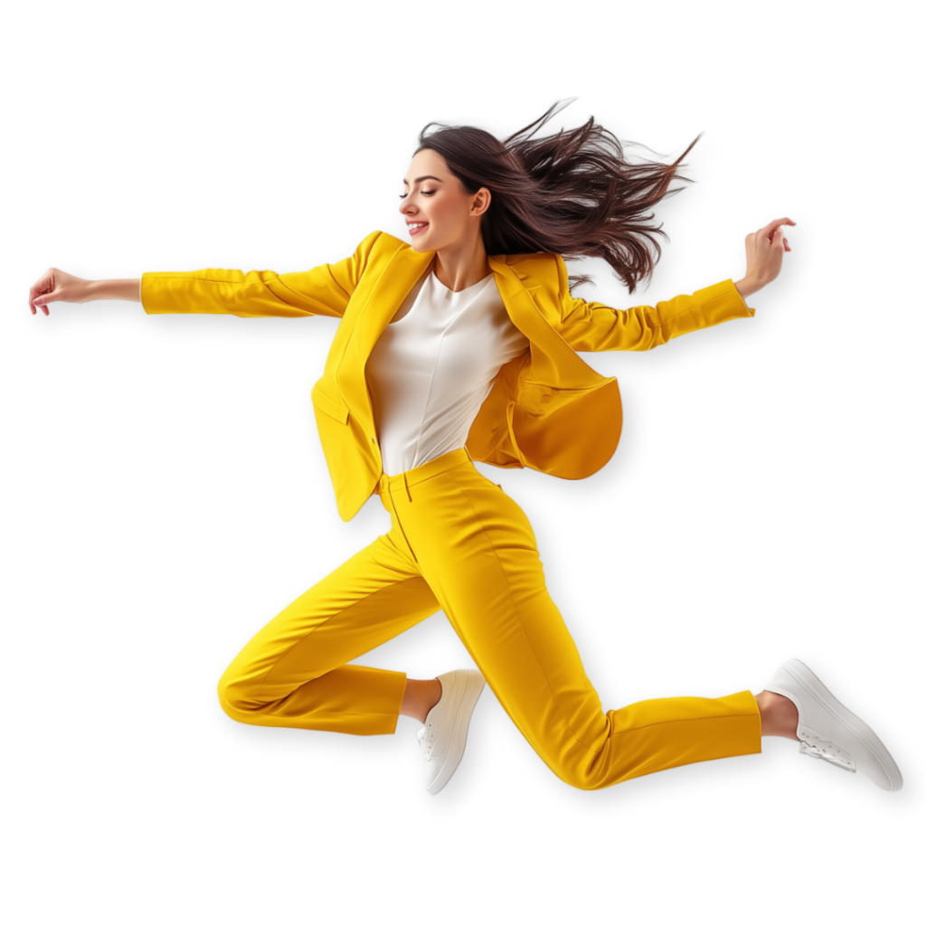 A woman in a yellow suit and white sneakers is jumping in mid-air against a black background, her hair and blazer flowing with the motion. The dynamic scene is perfect for an attention-grabbing page template layout or creative SEM campaign.