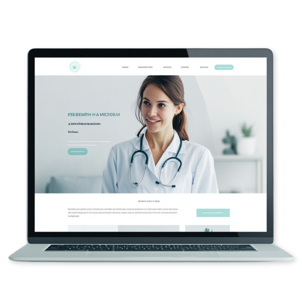 A laptop screen displays a medical website featuring a smiling female doctor with a stethoscope around her neck, designed by an award-winning agency.