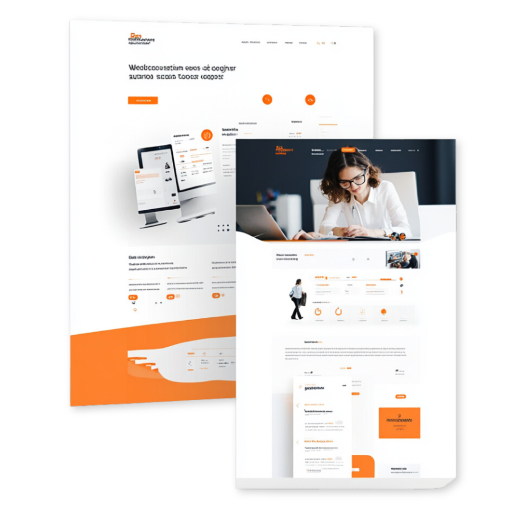 Two overlapping website design mockups, featuring a clean, modern layout with orange accents. The award-winning designs include text blocks, images, icons, and a person using a laptop.