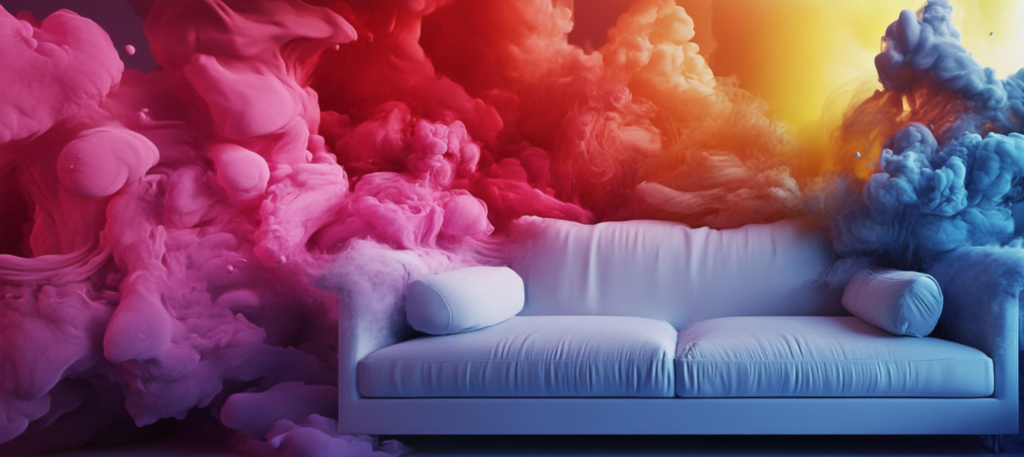 A white couch is positioned in front of a vibrant and colorful abstract cloud of smoke, ranging from pink and red to blue and yellow, creating engaging visual content.