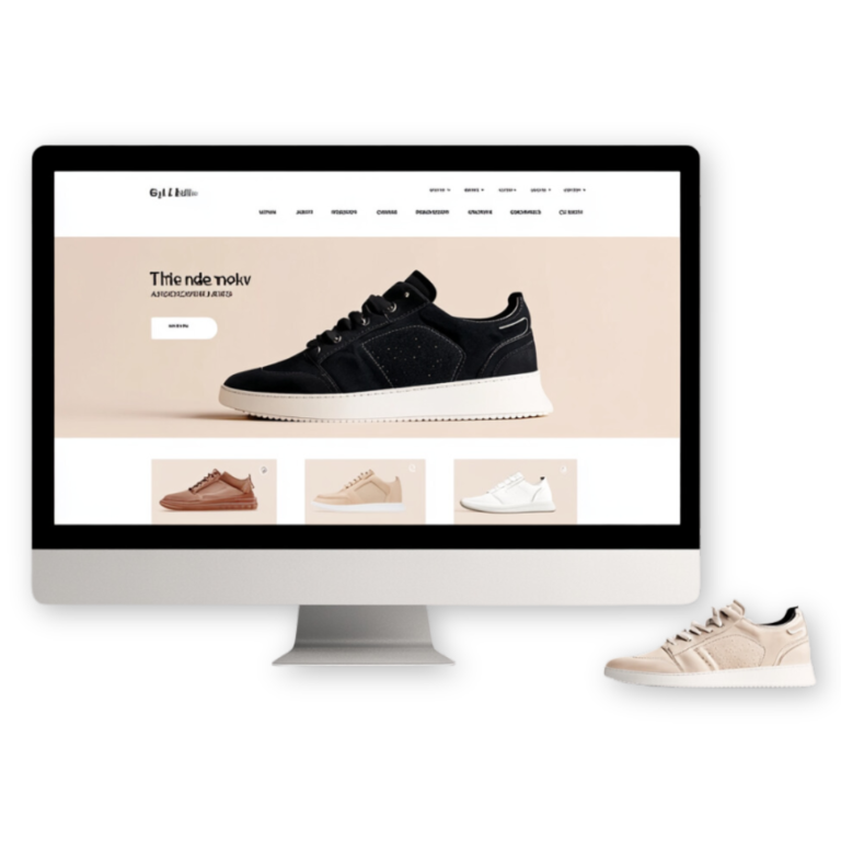 A computer monitor displaying a website showcasing different styles and colors of sneakers with an optimized SEM page template layout. A pair of beige sneakers is displayed next to the monitor.