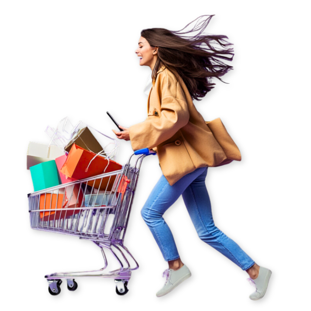 A woman in a tan coat and jeans, captured mid-stride against a black background, pushes a shopping cart filled with colorful bags while holding a phone—an image that epitomizes the excellence of our award-winning agency’s latest campaign.