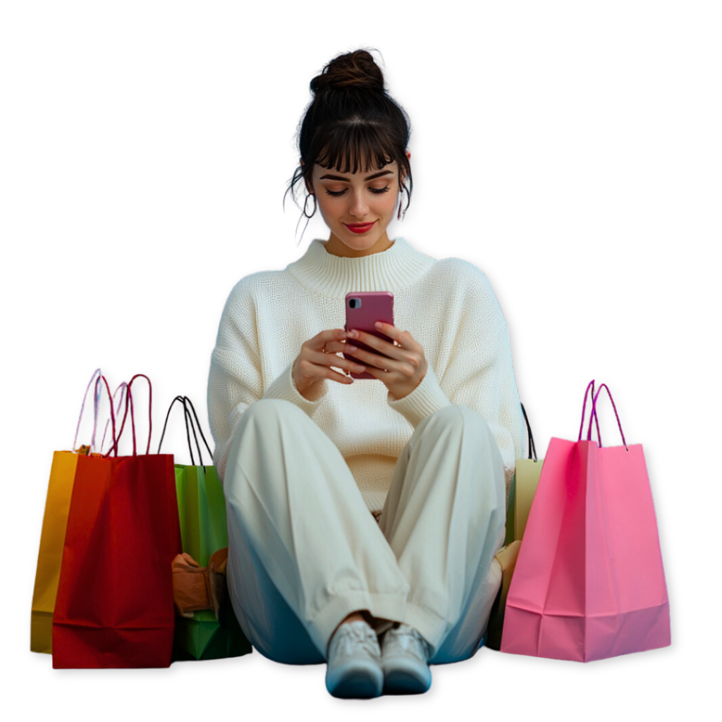 A person wearing a white sweater and light pants is sitting on the floor, looking at their phone, surrounded by colorful shopping bags from an award-winning agency's successful Google Ads campaign.