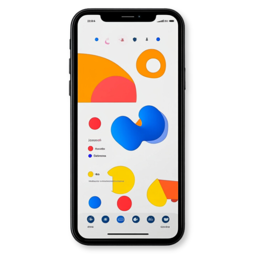 A smartphone displaying a colorful abstract design, reminiscent of a vibrant page template layout, on the screen against a black background. The design consists of various geometric shapes in red, yellow, blue, and orange.