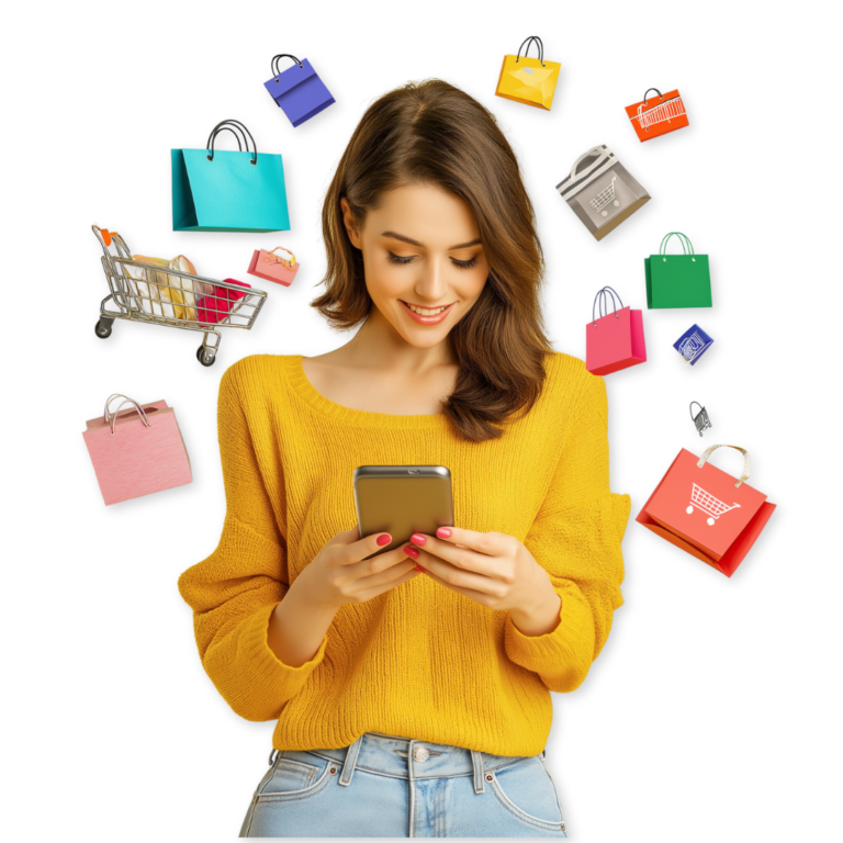 A woman in a yellow sweater smiles while using a smartphone, surrounded by floating shopping bags and a small shopping cart against a black background—an award-winning moment captured perfectly.