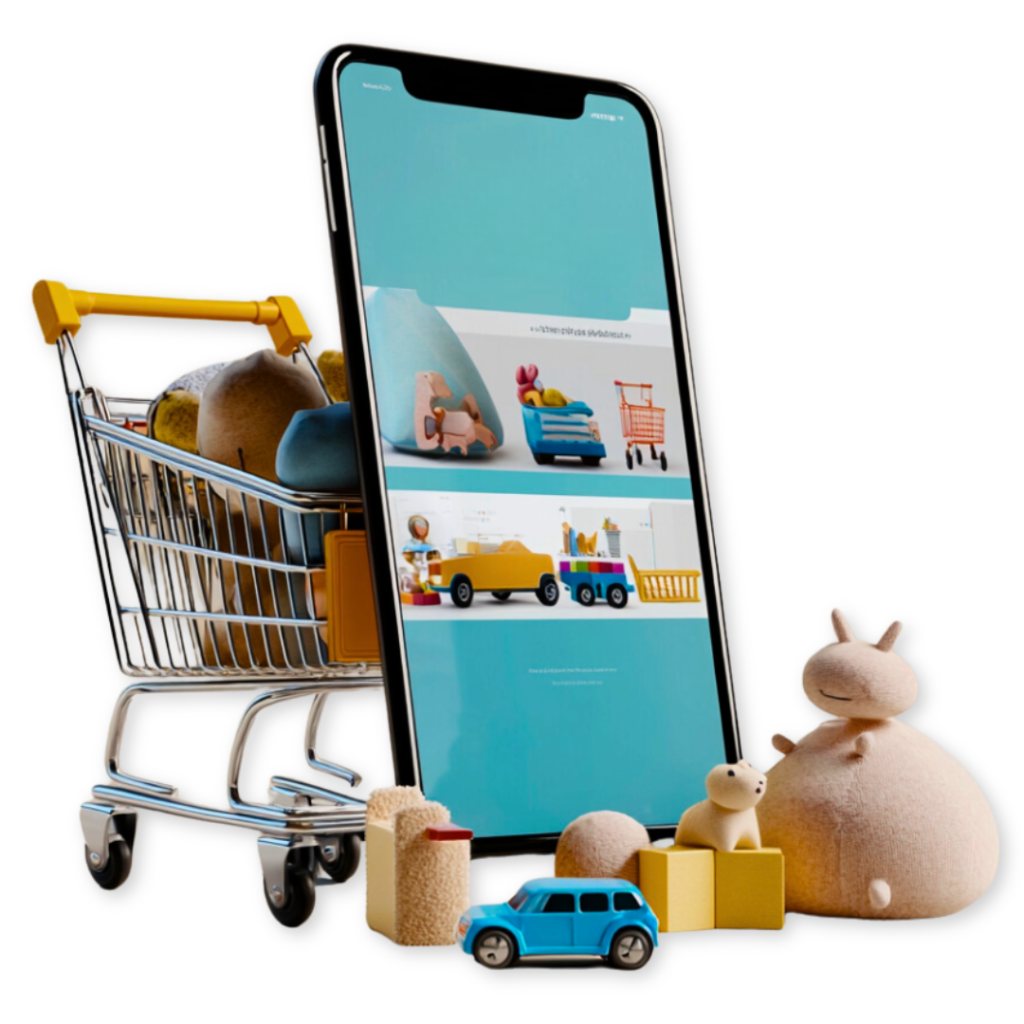 A smartphone displaying toy images stands beside a miniature shopping cart filled with toys, echoing the efficiency of an award-winning agency. Assorted toy figures and a blue toy car are meticulously arranged around the cart, reminiscent of a well-crafted Google Ads campaign.