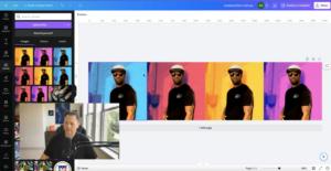 Screenshot of a digital editing tool with a user working on a design featuring repeated images of a man against different color backgrounds. The user, visible via a small inset webcam feed, demonstrates how to create engaging visual content even with limited assets.