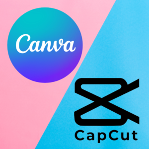 Logos of Canva and CapCut displayed on a diagonal pink and blue background create engaging visual content. Canva’s logo is a gradient blue circle with white text, while CapCut’s logo features a stylized black “X” with black text.