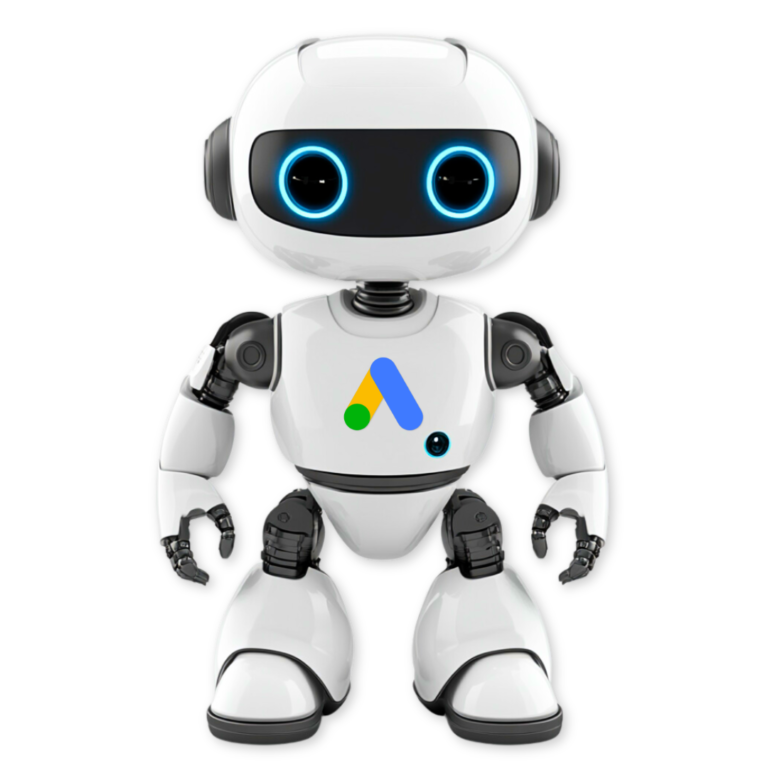 A white robot with blue-lit eyes and a Google Ads logo on its chest stands against a black background, representing an award-winning agency.