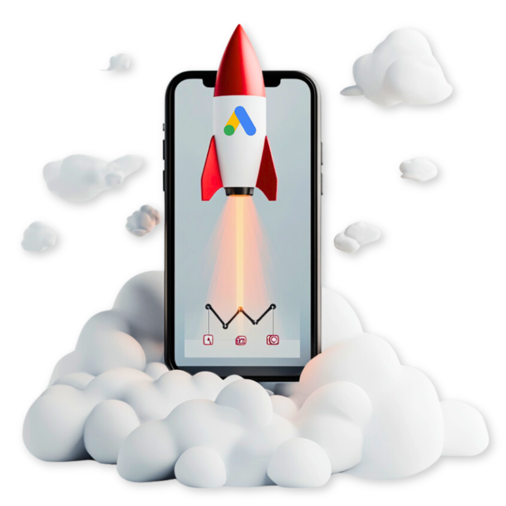 A smartphone displays a rocket with the Google Ads logo launching from its screen, surrounded by white clouds, showcasing an award-winning agency campaign.