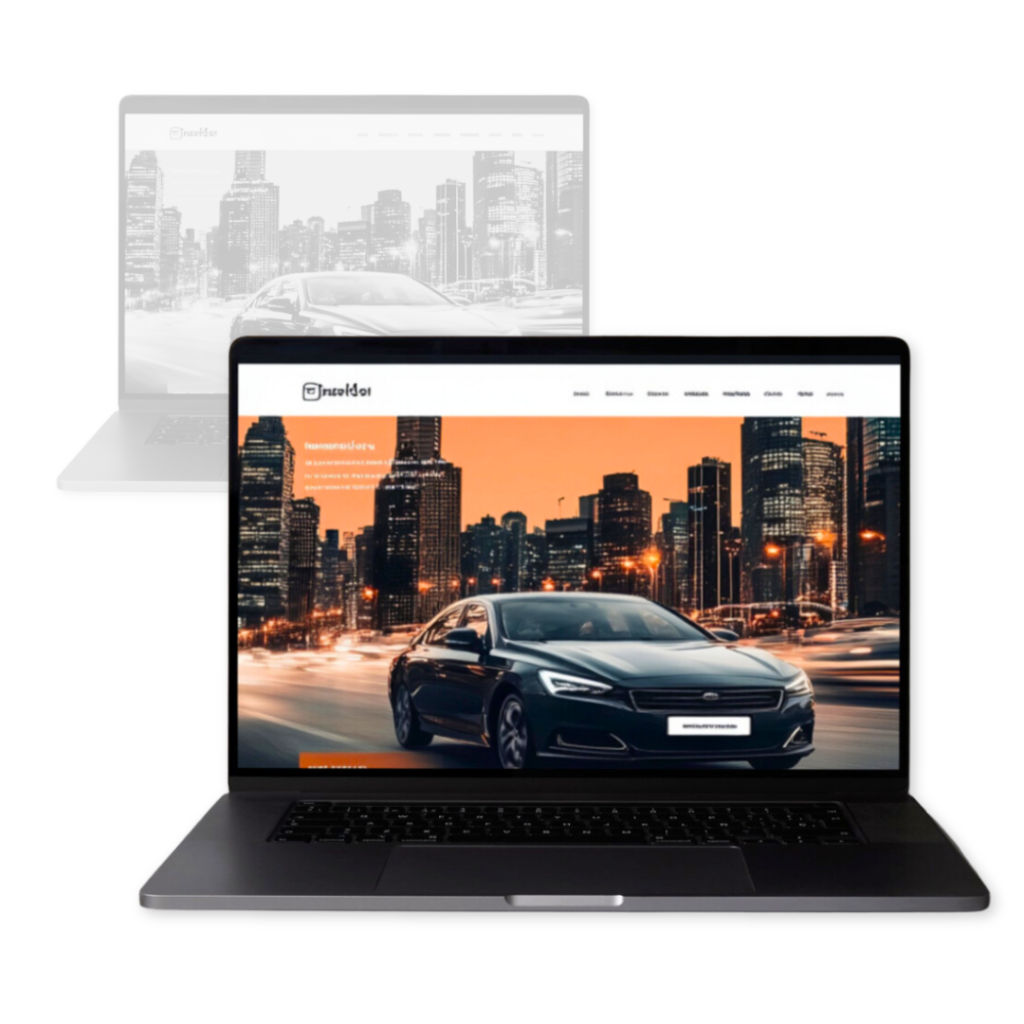 Two laptops display a website with an image of a modern car against a city skyline backdrop, one in black and white and the other in color. Discover how our award-winning agency utilizes Google Ads to bring stunning visuals to life.