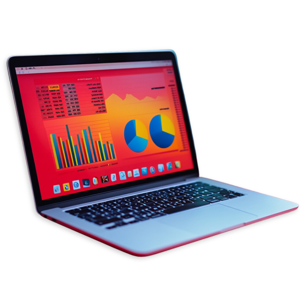 A laptop displaying various colorful charts and graphs on the screen, including bar charts, pie charts, and other data visualizations against a red background—highlighting the performance metrics of an award-winning Google Ads campaign.