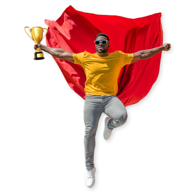 A man wearing a yellow shirt and gray pants, featured within an SEM campaign layout, jumps in mid-air while holding a trophy. A red cape flows behind him, capturing the triumphant moment perfectly.