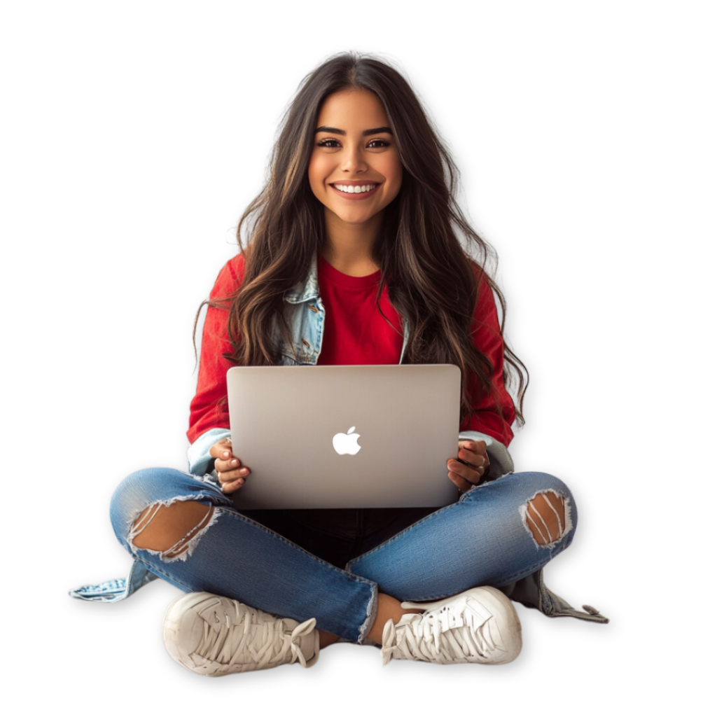 A person sits cross-legged, smiling as they work on a marketing strategy using a laptop. Dressed in a red shirt, denim jacket, ripped jeans, and white sneakers, they exude confidence against the plain black background.