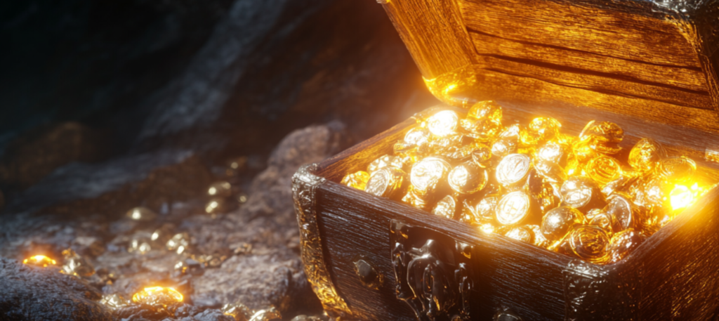 An open wooden treasure chest filled with glowing gold coins spills onto a rocky ground, like discovering valuable first-party data in the midst of crafting a powerful social media marketing strategy.