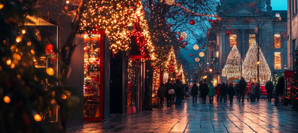 A festive street with glowing holiday lights, decorated trees, and people walking on a wet pavement as small businesses embrace holiday marketing strategies to captivate evening strollers.