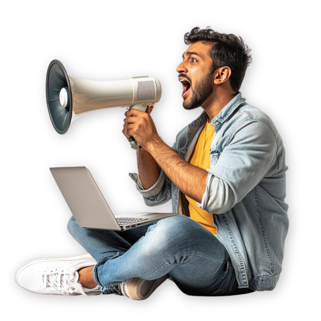 A person sits cross-legged, holding a megaphone and a laptop, passionately delivering a marketing strategy. They wear a denim jacket, yellow shirt, and jeans against a black background.