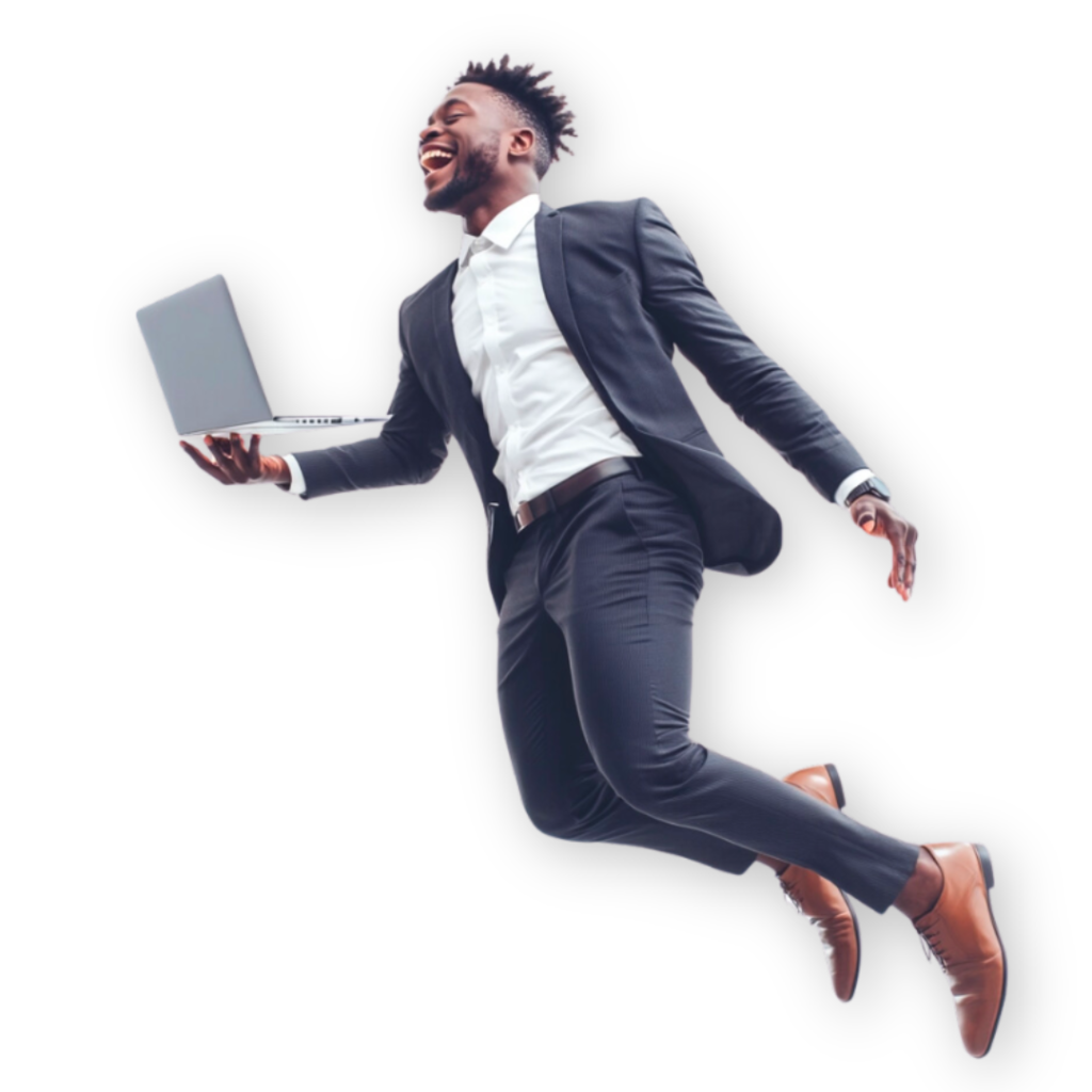 A man in a suit joyfully jumps, showcasing an open laptop in his right hand on a solid black background, embodying the dynamic spirit of marketing strategy.