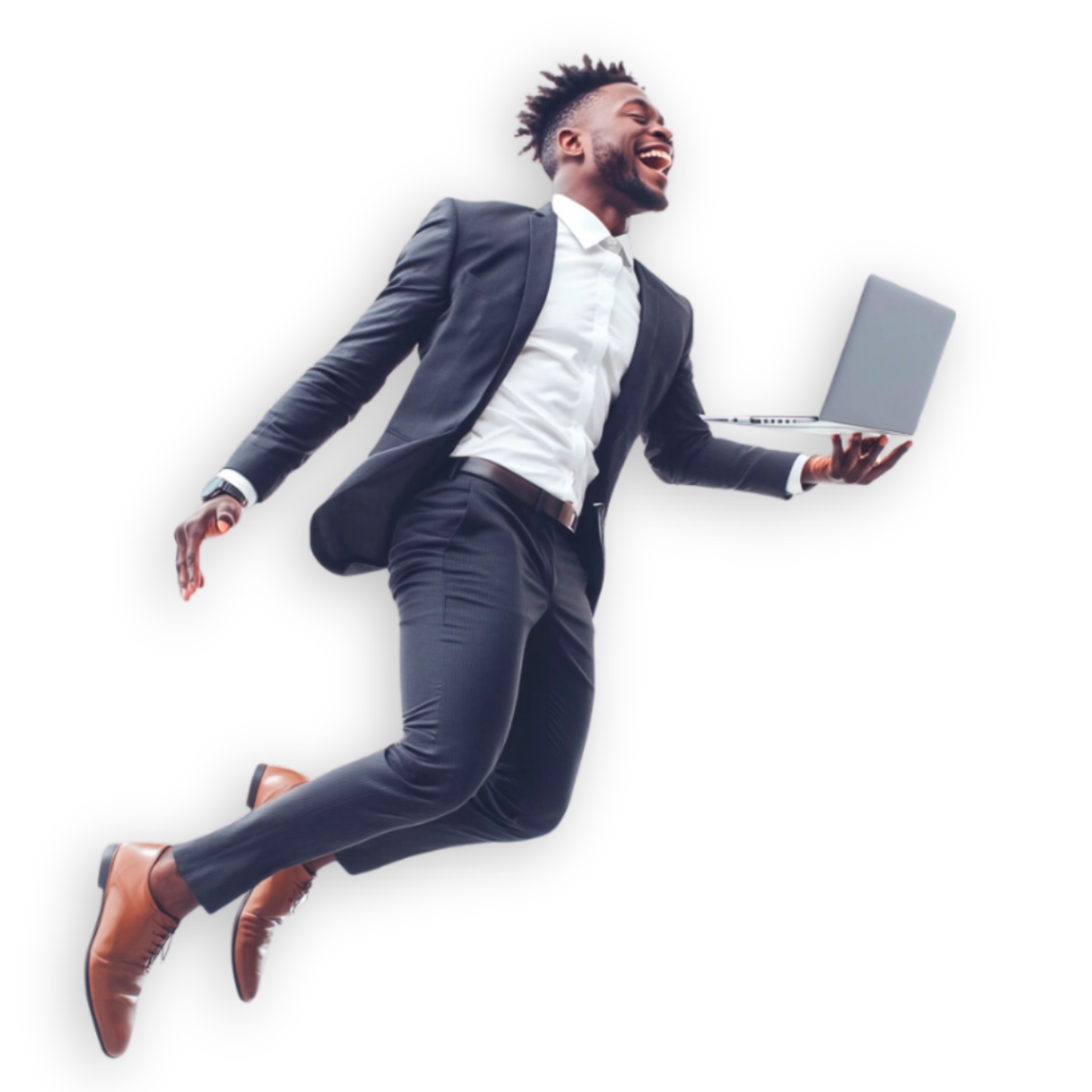 A man in a suit jumps joyfully while holding a laptop, embodying the excitement of nailing the perfect marketing strategy against a plain background.