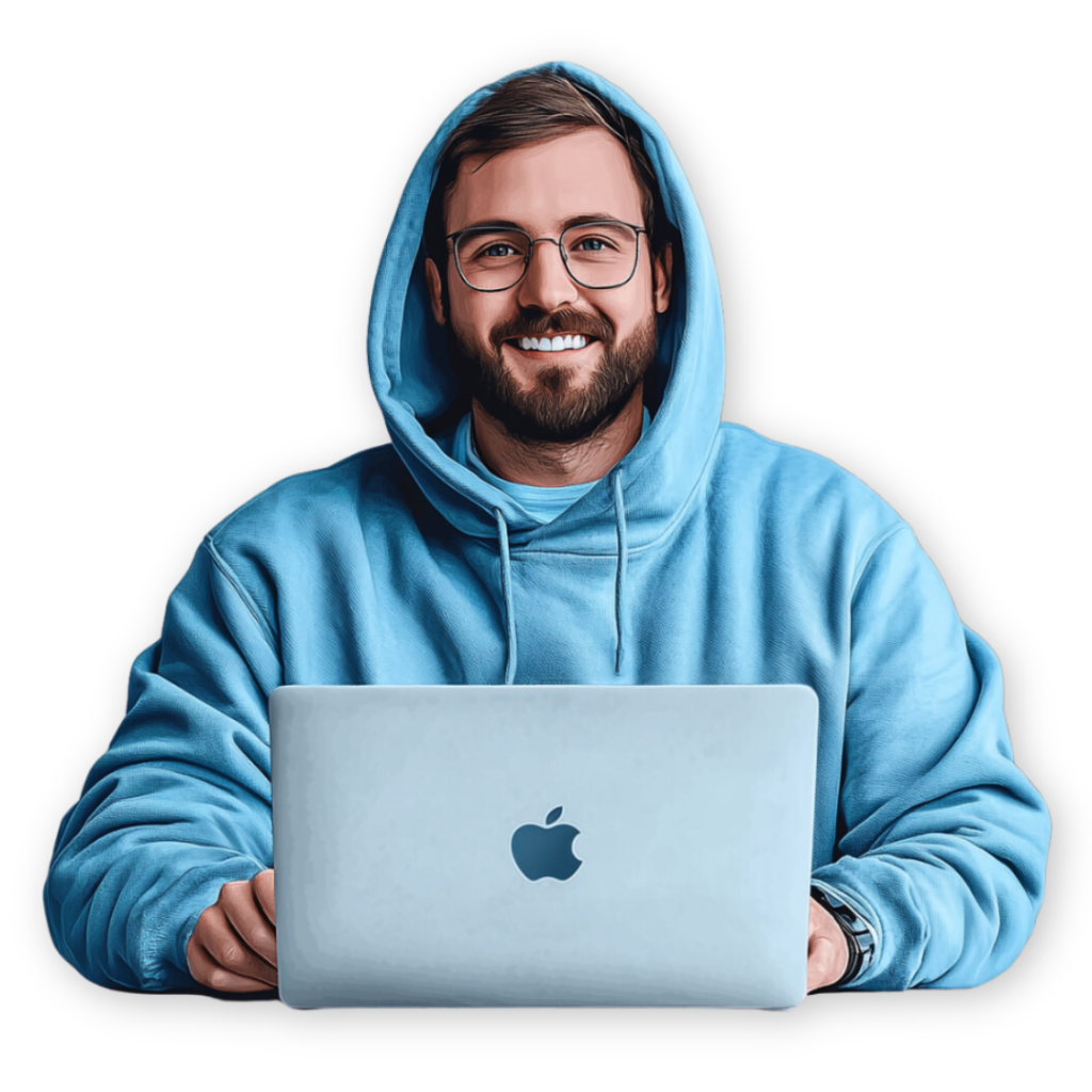 A person in a blue hoodie and glasses is smiling while using a laptop with a visible Apple logo, likely planning their next big marketing strategy.