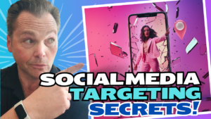 Person in a black shirt pointing at a graphic of a woman in a pink suit stepping out of a phone screen with shattered glass, alongside the text "Social Media Targeting Secrets!"—a nod to mastering Social Media Marketing using First-Party Data.