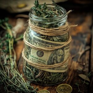 A jar filled with dried herbs is wrapped with a dollar bill and twine, symbolizing holiday profits. Coins are scattered nearby on a wooden surface.