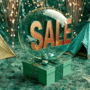 A transparent balloon with the word "SALE" in orange floats above a green gift box on a carpet, capturing the essence of BFCM, with tents and string lights illuminating the background.
