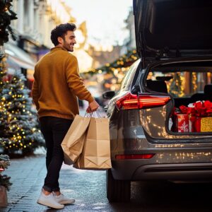A man loads shopping bags into a car trunk on a festive, decorated street, eager to enjoy the spoils of holiday profits.