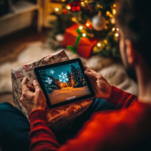 A person wearing a red sweater holds a tablet displaying a snowy forest scene with snowflakes, sitting near a Christmas tree adorned with lights and presents—a perfect setting to inspire holiday marketing strategies for small businesses.