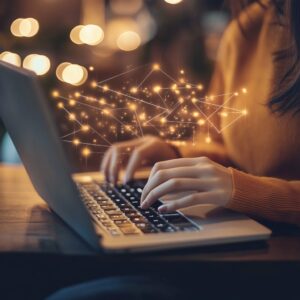 A person types on a laptop, with glowing abstract connections floating above the keyboard, symbolizing innovative strategies for small businesses in a digital landscape.