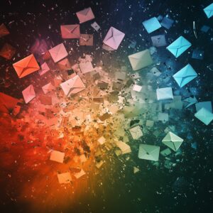 Colorful envelopes and digital symbols explode from the center against a dark background, symbolizing communication and vibrant marketing strategies for small businesses in a dynamic, abstract style.