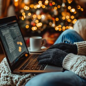 A person wearing gloves types on a laptop, brainstorming holiday marketing ideas for small businesses. A steaming hot drink sits nearby, and a beautifully decorated Christmas tree adds festive charm in the background.