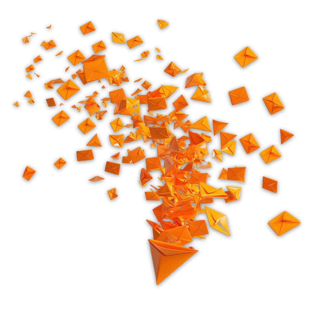 A burst of orange envelopes scatters across a black background, capturing the dynamic and chaotic essence of email marketing.