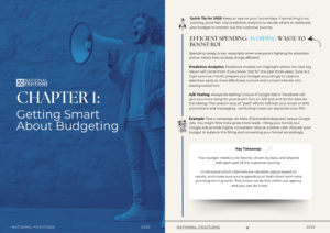 A person with curly hair stands beside an open eBook displaying an article titled "Chapter 1: Getting Smart About Budgeting," featuring tips on analytics and ROI. Discover the data secrets that could redefine financial strategies in 2025.