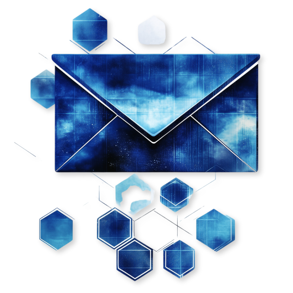 Abstract illustration of a blue envelope with a digital, geometric design, perfect for email marketing campaigns, featuring various hexagonal shapes surrounding it.