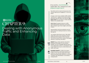 A person in a green hoodie works on a laptop, delving into the eBook "Data Secrets 2025." The text discusses handling anonymous traffic and enhancing data, with sections on insights, personalization, and business smarts.