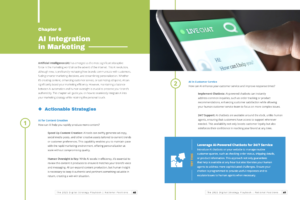 Image of a guide on AI in marketing. Left page discusses actionable strategies. Right page shows a smartphone with a chatbot and tips on AI in customer service and chatbots.