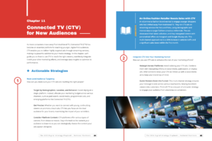 A digital strategy guide page on Connected TV (CTV) with sections on target audience strategies and marketing funnel integration tips, alongside a tech graphic with screens and icons.