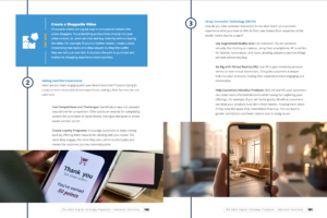 Two pages from a digital strategy playbook featuring tips on creating Shoppable Videos, using Augmented Reality, and adding gamified experiences with technology visuals.