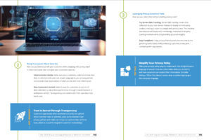 Image of a digital strategy playbook page. The left side discusses consumer data privacy and transparency. The right side highlights privacy-compliant tools and simplifying privacy policies.