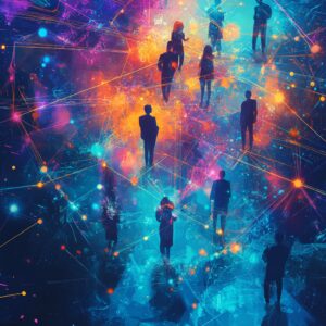 A digital art piece depicts silhouetted figures standing on a vibrant network of interconnected, colorful lines and abstract patterns, symbolizing the dynamic landscape of business in 2025.