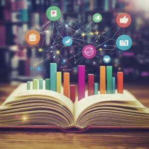 An open book with colorful bar graphs and social media icons floating above, symbolizing data and knowledge sharing in a library setting, represents business insights and measurement strategies poised to define 2025.