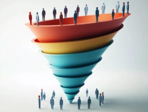 Illustration of a colorful funnel with small human figures standing on the edges, diminishing in number towards the bottom, suggesting a process or hierarchy representing customer complexity.