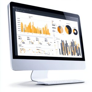 A computer monitor displays various graphs and charts in orange and black tones, including bar, line, and pie charts, alongside numeric data for business measurements projected into 2025.