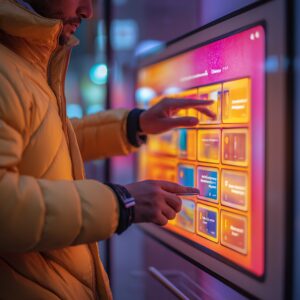 In a dimly lit setting, a person in a yellow jacket interacts with a large touchscreen displaying colorful tiles, navigating the complexities of customer understanding in 2025.