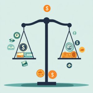 Illustration of a balance scale with money symbols, cash, and coins on each side, representing financial comparison or decision-making in the business world of 2025.
