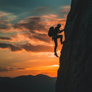A person rock climbing on a steep cliff at sunset, silhouetted against an orange sky with scattered clouds, embodies the determination and strategy akin to scaling new business heights in 2025.