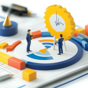 Two miniature figures in suits stand on a financial chart, discussing a large yellow gear with a line graph. Abstract blocks and charts surround them, reflecting the complex landscape of business measurement in 2025.