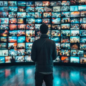 A person stands in front of a large wall of numerous small, colorful screens displaying various images, exploring strategies for media mix marketing to fuel brand growth.
